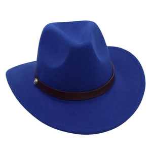 Macro detail of royal blue wool fedora hat featuring a brown leather band and silver buckle
