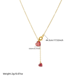 Minimalist gold stainless steel chain necklace with two red heart rhinestone pendants