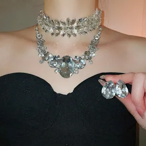 Alloy Teardrop Crystal Necklace And Earrings Jewelry Set For Women Wedding Party Elegant Shiny Silver Earring Post
