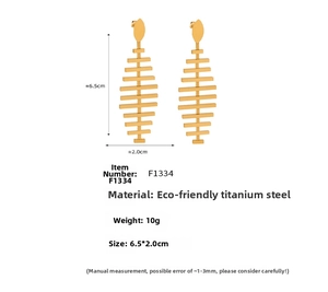 Detailed size view of golden fishbone leaf earrings in polished titanium steel