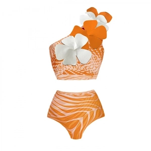 One-shoulder salmon print swimsuit set with 3D floral accents and high-waisted bottoms
