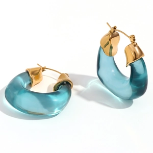 Fashionable gold U-shaped earrings with translucent lake blue acrylic resin accents