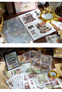 Detailed PET vintage stickers featuring coffee apparatus and retro street scenery for journaling