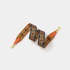 Ethnic woven wide replacement shoulder strap with orange leather and gold metal clips