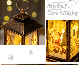 Detail of vintage Christmas lantern with warm LED light and Santa Claus festive painting