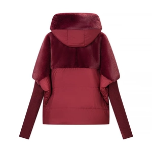 Rear view of deep red hooded jacket with quilted body, faux fur trim and ribbed knit cuffs