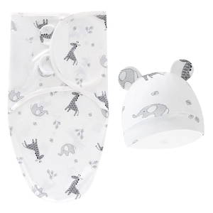 Detailed close-up of newborn swaddle and hat set with grey giraffe and elephant prints