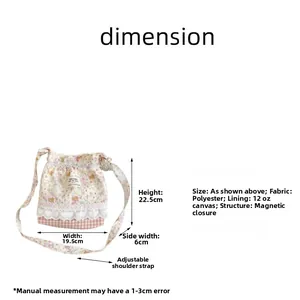 Detailed dimension chart showing size 22.5x19.5x6cm for floral bucket bag with strap