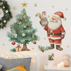 Christmas Wall Stickers Watercolor Santa Claus Christmas Tree Squirrel PVC Removable Decals For Home Holiday Decor