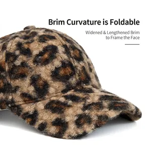 Leopard print plush baseball cap with foldable wide brim for winter warmth