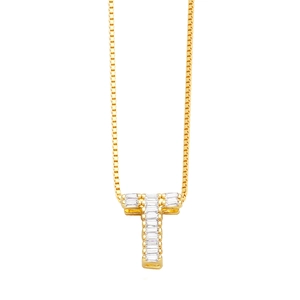 Detail of gold box chain necklace featuring a 3D letter T pendant set with clear zircons