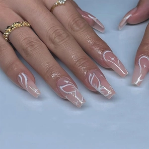 Press On Nails Long Coffin Ballerina Nude Pink Gradient White Butterfly Pattern Silver Star Glitter Artificial Fake Nails
