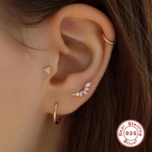 S925 sterling silver marquise petal ear cuff and stud earrings set on model's ear