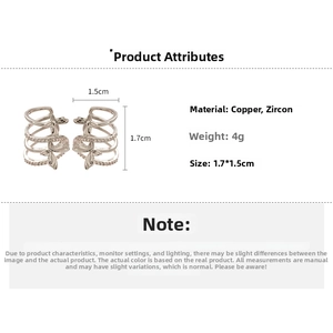 Detail view of silver multi-layer ear cuff with zircons and butterfly charm 1.7x1.5cm