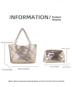 Detailed size chart of contrast woven tote bag with matching inner pouch dimensions