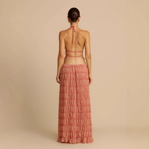 Sexy backless halter top with tiered long skirt set in orange pink for women