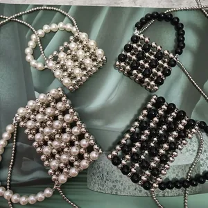 Mini beaded silver and pearl handbags with mesh weave texture and metallic accents