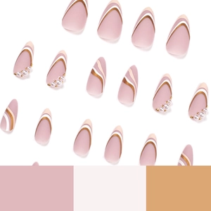 Elegant long almond press-on nails with pink base, white gold waves and pearl accents