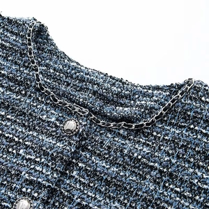 Détail du tissu en tweed bleu avec bordure en chaîne et boutons argentés gaufrés