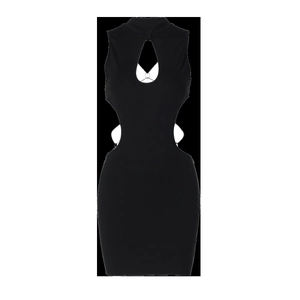 Detailed view of black bodycon dress featuring hollow-out front and butterfly metal accents