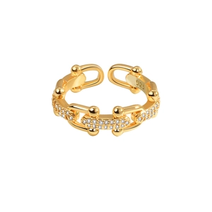Adjustable 925 silver chain link ring in gold finish with sparkling zircon stones