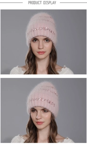 Detail of pink sequin knit beanie with fuzzy texture and stylish ribbed fold design