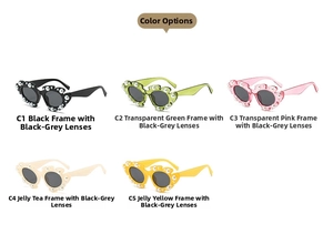 Detailed view of heart-shaped sunglasses with pearl accents in five different frame colors
