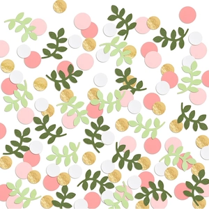 Green leaves and gold pink round confetti flat lay for birthday party table decoration