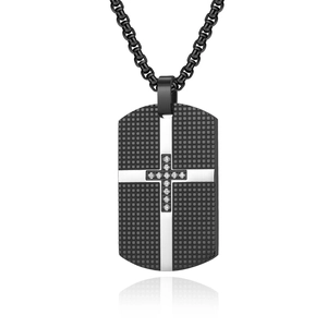 Men's stainless steel military dog tag necklace with CNC stone-set cross pendant