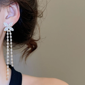 Macro detail of elegant zircon butterfly tassel earring with silver plating finish