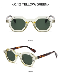 Macro view of geometric octagonal sunglasses with green lenses and tortoiseshell temples