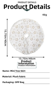 Mini white plush Christmas tree skirt with gold stars and detailed size specifications