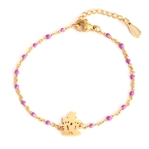 Golden stainless steel chain bracelet with purple beads and a hollow house charm