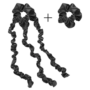 Detail of black silk heatless jellyfish hair curler set with scrunchie and wave ribbon