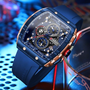 Macro view of blue brushed metal case and rose gold bezel on this chronograph watch