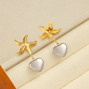 Chic 18K gold plated starfish and heart drop earrings displayed in a luxury jewelry box