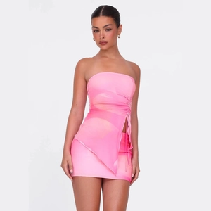 Close-up of pink gradient mesh two-piece set with tube top and side drawstring detail