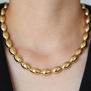 Minimalist 18K Gold Plated Copper Necklace Oval Olive Beads Jewelry High Polished For Women