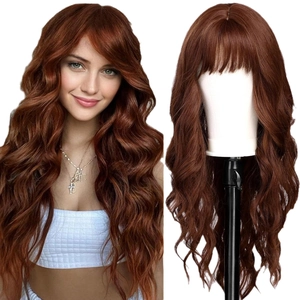 Long wavy reddish brown wig with flat bangs shown on a model and mannequin head