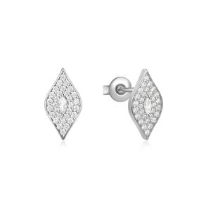 Macro detail of S925 sterling silver geometric stud earrings with marquise-cut zircon stones