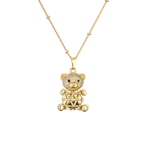Golden bear necklace with white zircon and colorful stones in hollow sphere frame