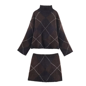 Argyle Diamond Pattern Knit Polyester Top And Mini Skirt High Neck Long Sleeve Pullover Retro Women Casual Streetwear