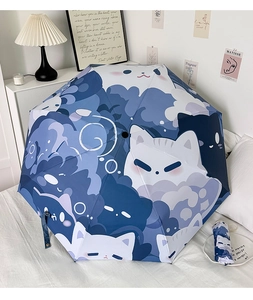 Detail of a blue cartoon cat print folding umbrella open and closed in a bright indoor setting