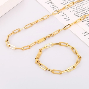 Hip hop style gold stainless steel paperclip chain necklace and bracelet jewelry set