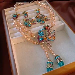 Vintage Peacock layered beaded necklace with matching gemstone earrings in luxury style