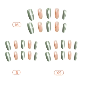 Sage green cat-eye press-on nails with golden snowflake patterns in M S XS sizes