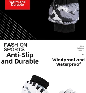 Detail showing waterproof camouflage ski gloves with adjustable buckle and windproof wrist cuff