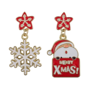 Detail of Christmas stud earrings featuring Santa Claus and snowflake on red stars