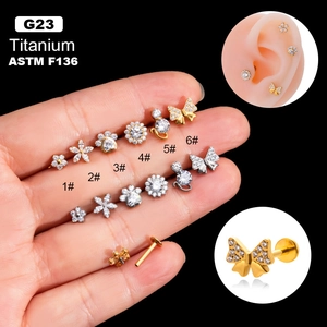 Titanium Labret Stud With Cubic Zirconia Flower Butterfly Star Shape Internal Thread Piercing Jewelry For Helix Lip