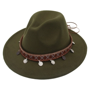 Olive green fedora hat with bohemian ethnic band and silver coin pendants